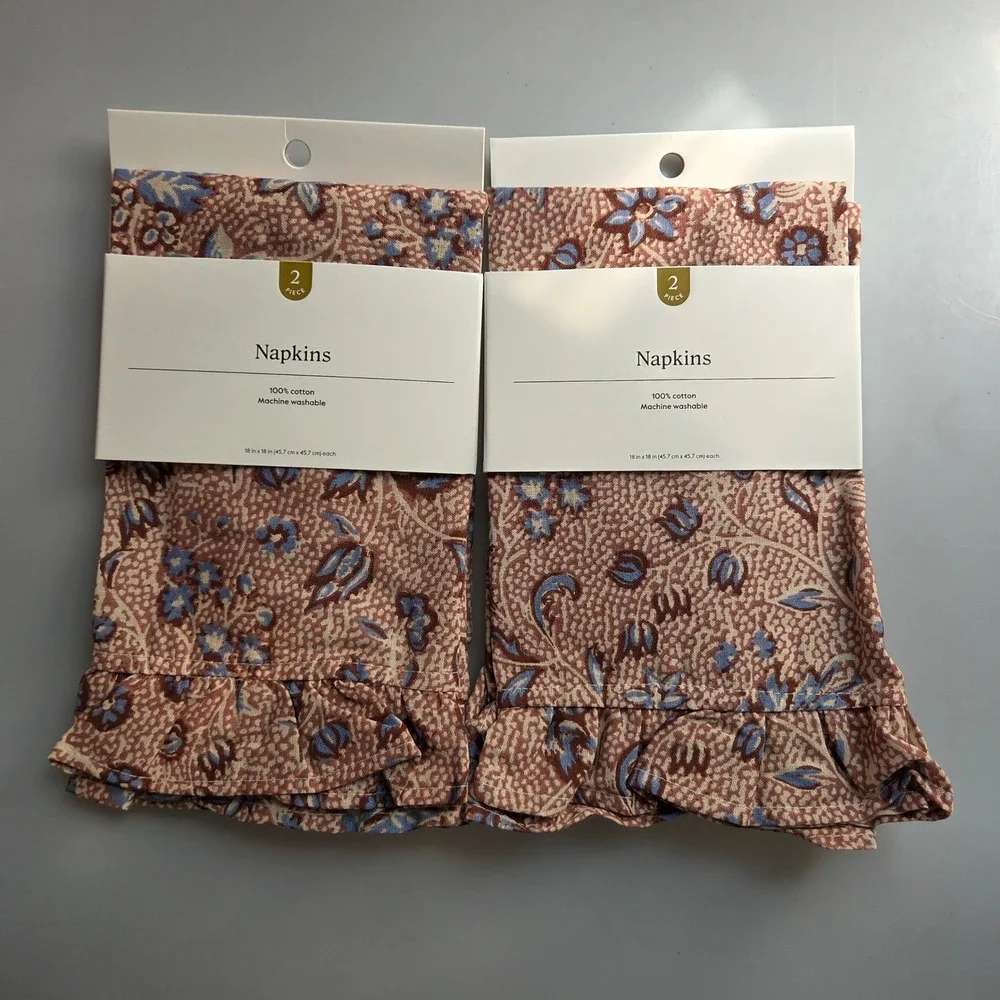 Threshold Cotton Floral Ruffle Napkins lot of 2 Terracotta Blue 18x18 New